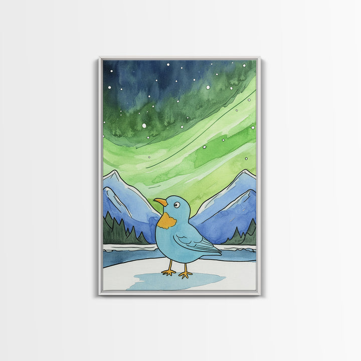 Blue Bird Beneath Green Aurora Canvas Print, Whimsical Animal Wall Art For Nursery Decor, Mountain Art, And Kids Room Decor