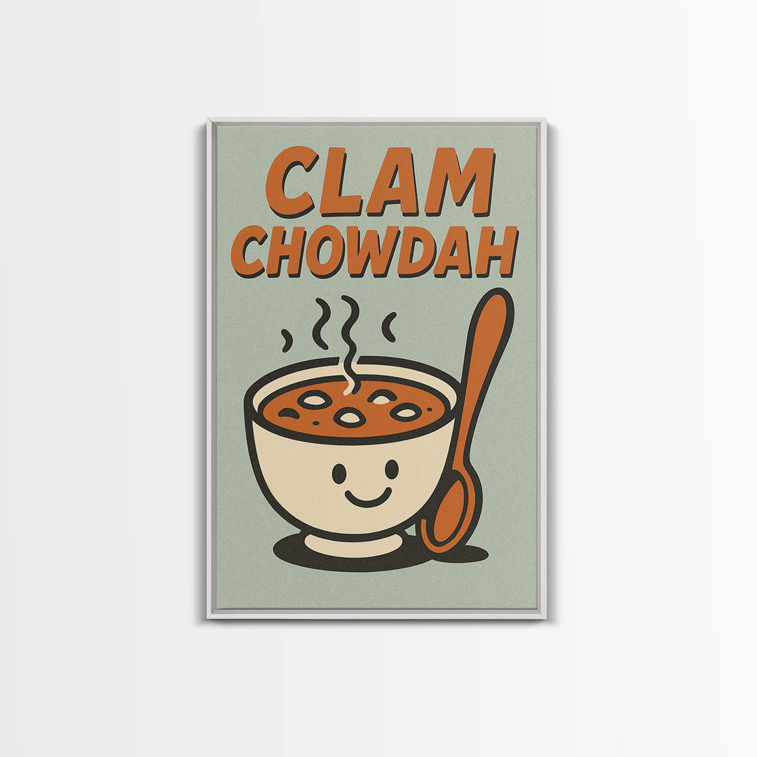 Cute Clam Chowdah Soup Bowl Wall Art, Funny Kitchen Art Print, Retro Food Poster, New England Coastal Home Decor Gift Idea
