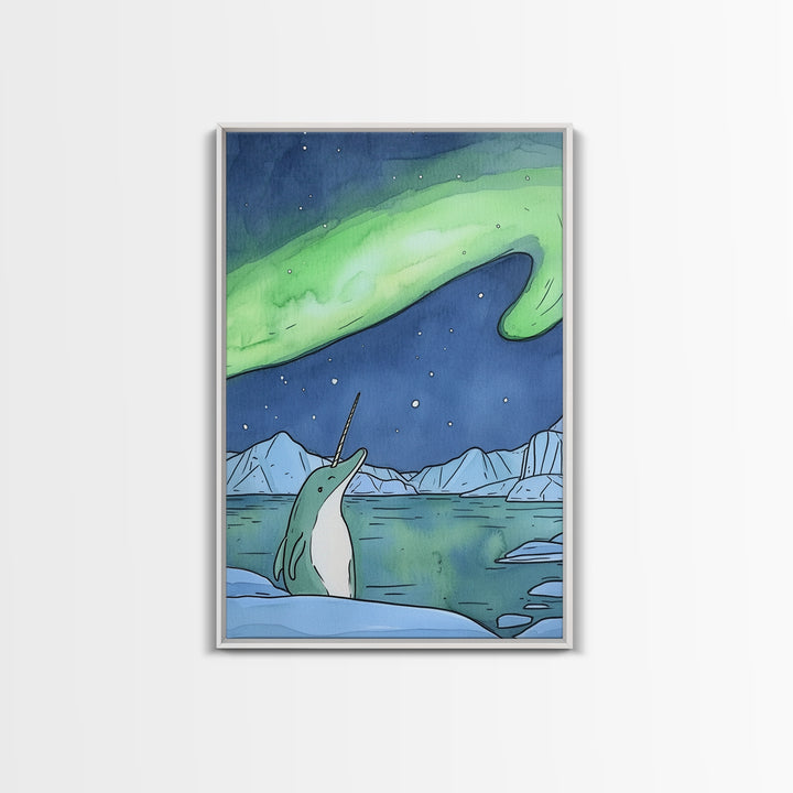 Whimsical Narwhal Under Northern Lights Canvas Print, Arctic Ocean Animal Wall Art, Nursery Decor And Kids Room Gift For Her