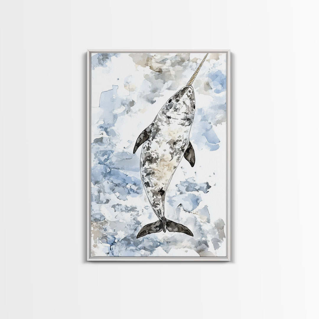 Speckled Narwhal Whale Watercolor Framed Canvas Print, Marine Life Wall Art, Ocean Animal Nursery Decor And Coastal Gift