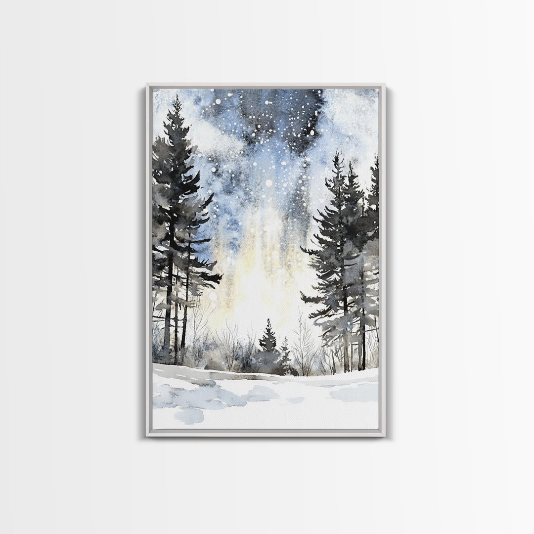 Snowy Night Pine Forest Framed Canvas Print, Winter Landscape Wall Art, Moody Nature Decor For Cabin Living Room Gift Idea