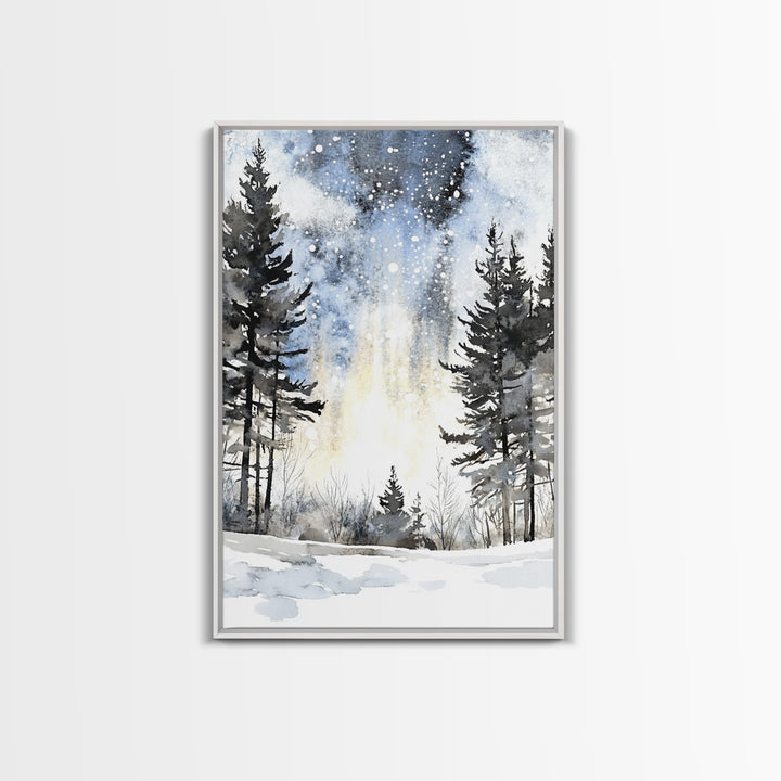 Snowy Night Pine Forest Framed Canvas Print, Winter Landscape Wall Art, Moody Nature Decor For Cabin Living Room Gift Idea