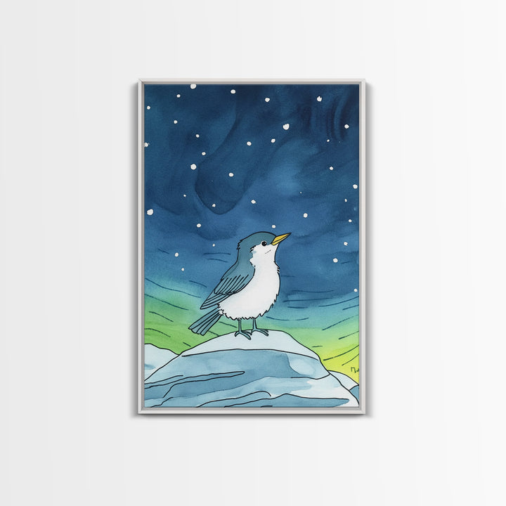 Cute Arctic Bird On Ice Under Aurora Canvas Print, Whimsical Animal Wall Art, Nursery Decor And Kids Room Decor Gift For Bird Lover