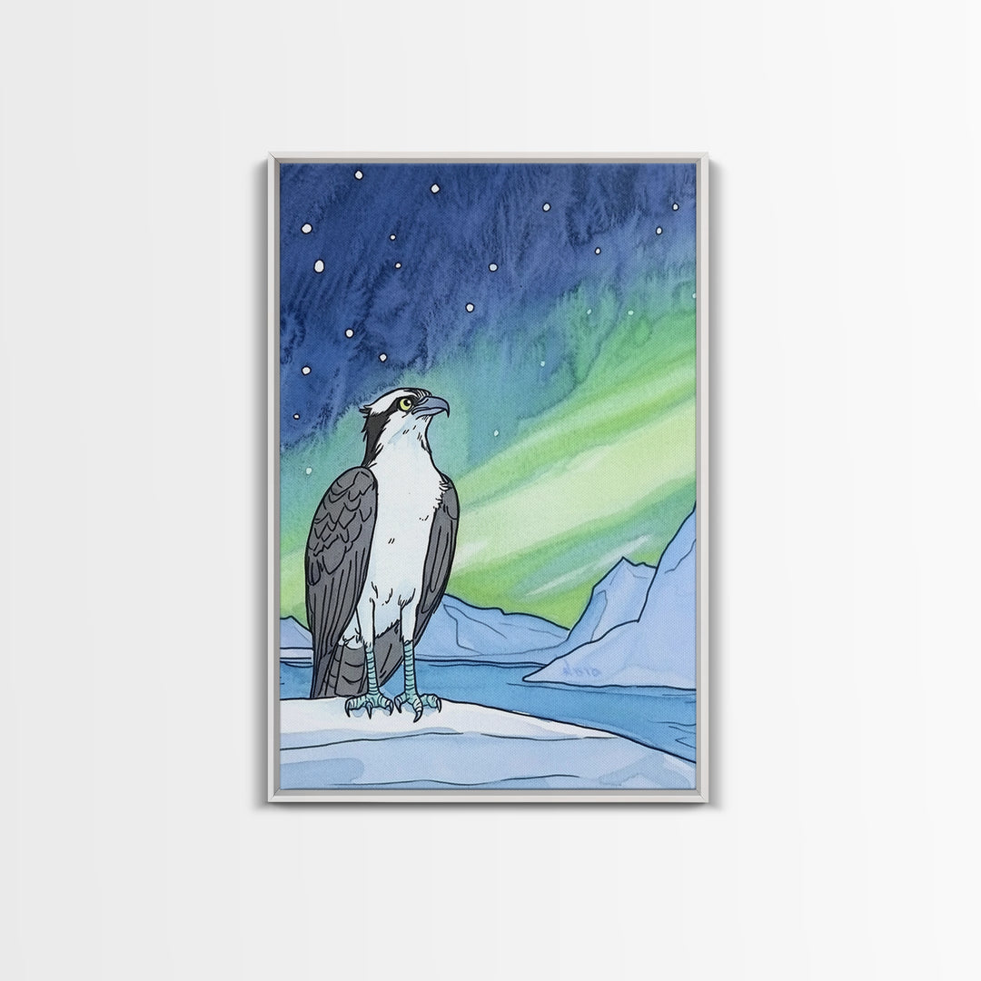 Osprey Under Northern Lights Wall Art, Arctic Bird Canvas Print, Celestial Nature Decor, Wildlife Art For Cabin Or Office