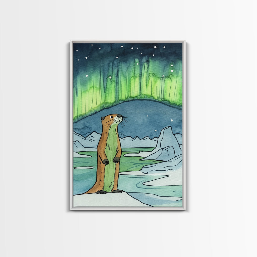 Curious Otter Under Green Aurora Wall Art, Arctic Animal Print, Northern Lights Decor, Whimsical Nursery And Kids Room Art