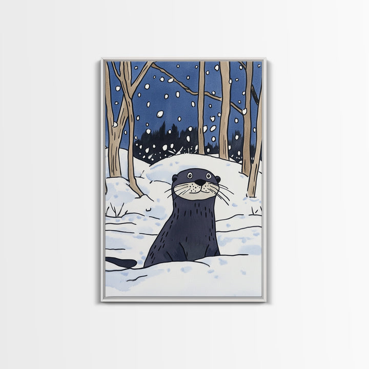 Snowy Forest Otter Wall Art, Winter Animal Print, Whimsical Wildlife Decor, Woodland Nursery Art And Cozy Cabin Decor Gift