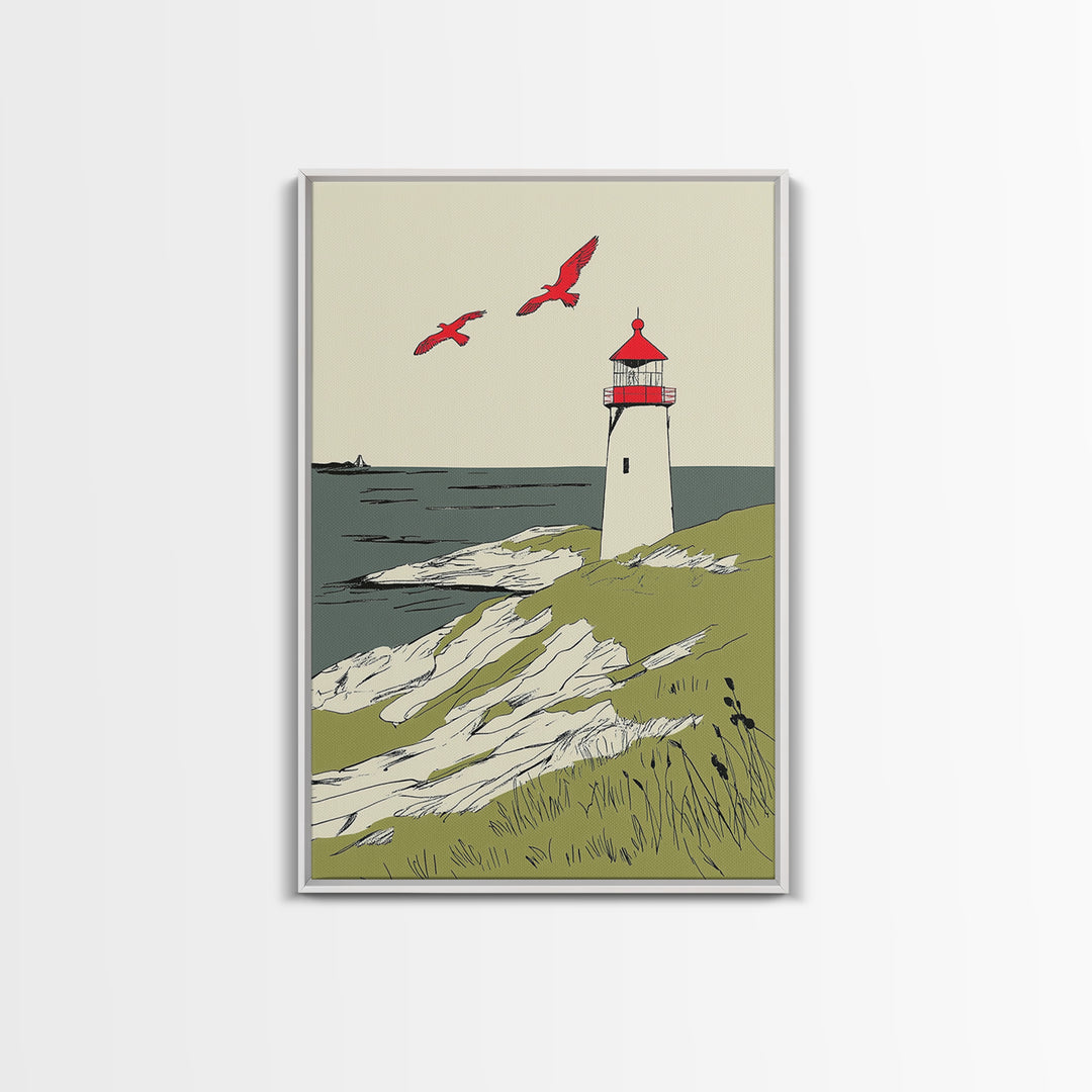 Coastal Lighthouse With Red Birds Wall Art, Nautical Print, Beach House Decor, Seaside Landscape Art And Ocean Wall Decor