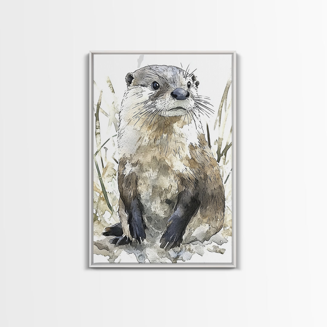 Neutral Watercolor Otter Framed Canvas Print, Wildlife Wall Art, Woodland Animal Decor, Nature Art Print And Housewarming Gift