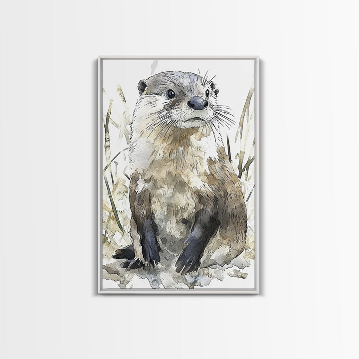 Neutral Watercolor Otter Framed Canvas Print, Wildlife Wall Art, Woodland Animal Decor, Nature Art Print And Housewarming Gift