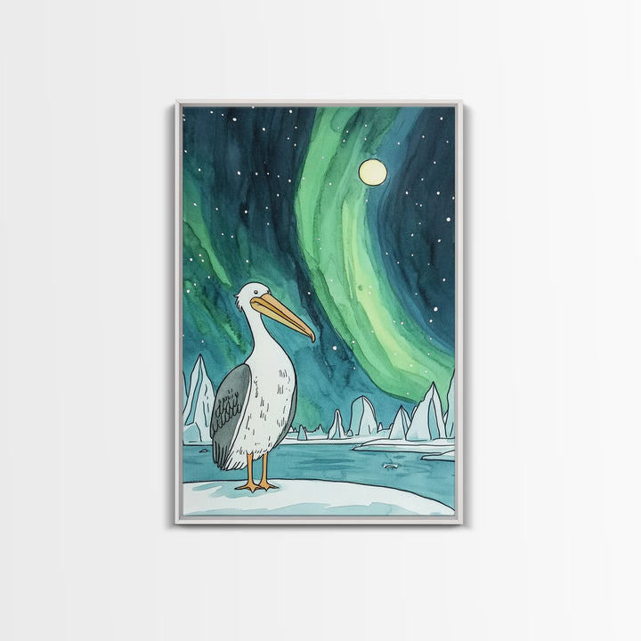 Pelican Under Green Aurora Canvas Print, Northern Lights Wall Art, Arctic Coastal Decor, Bird Lover Gift And Nursery Art