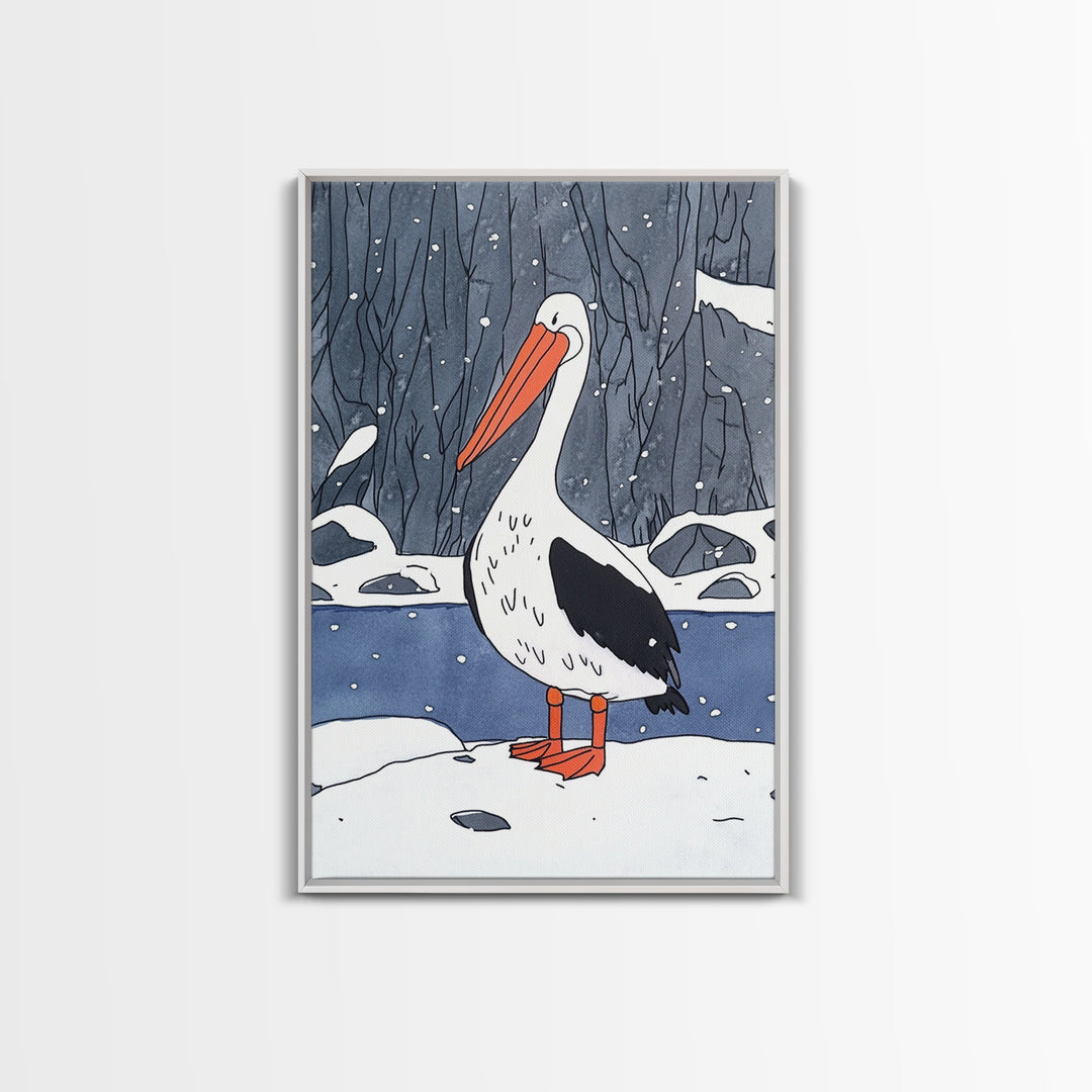 Snowy Pelican In Winter Woods Wall Art, Whimsical Bird Print, Wildlife Decor, Kids Room Art And Cozy Cabin Wall Decor Gift