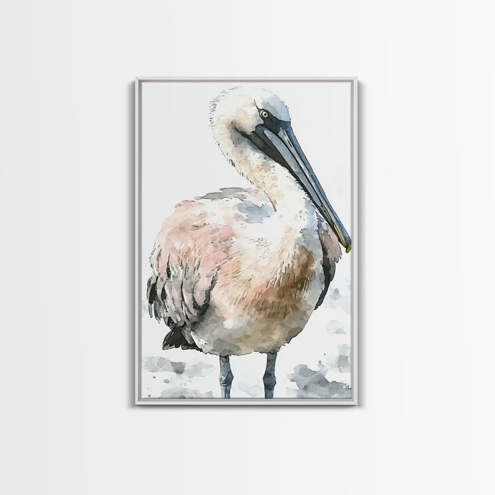 Soft Watercolor Pelican Framed Canvas Print, Coastal Bird Wall Art, Nautical Decor, Ocean Animal Print And Beach House Gift