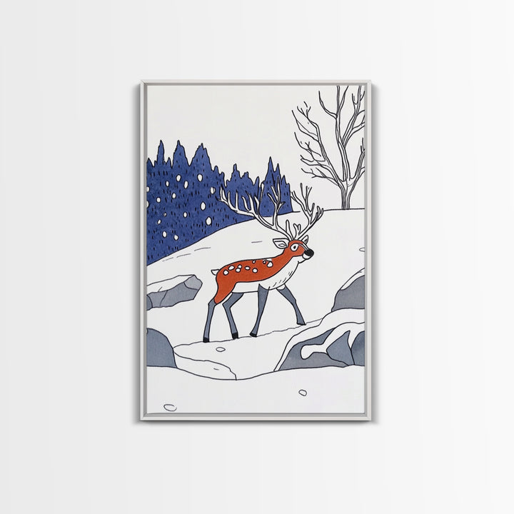 Red Reindeer In Snowy Forest Wall Art, Whimsical Winter Nursery Print, Woodland Animal Decor, Christmas Gift For Kids Room Decor