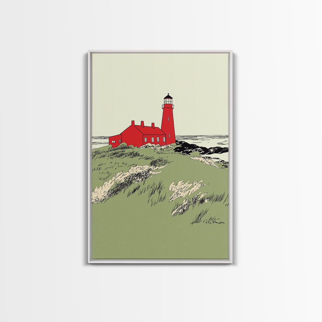 Red Coastal Lighthouse Canvas Print, Nautical Beach House Wall Art, Seascape Landscape Poster, Ocean Home Decor Gift For Her