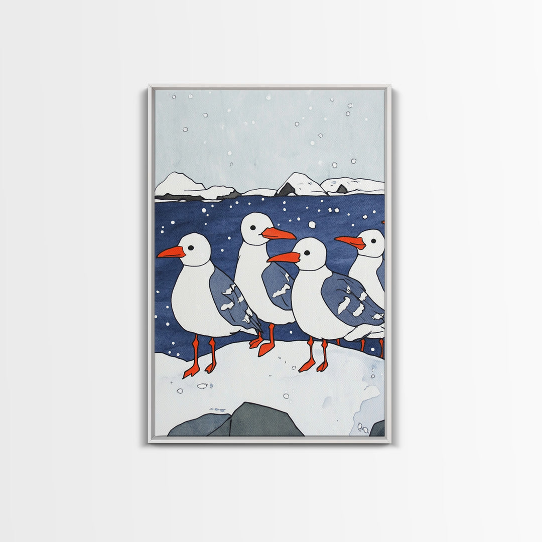 Arctic Seabirds On Snowy Shore Wall Art, Coastal Bird Print, Ocean Nursery Decor, Winter Wildlife Canvas Print Gift For Kids Room