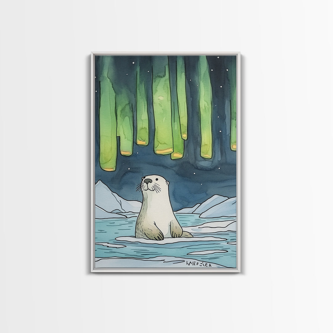 Whimsical Otter Under Northern Lights Wall Art, Arctic Animal Print, Kids Room Decor, Nursery Art, Coastal Nature Decor Gift