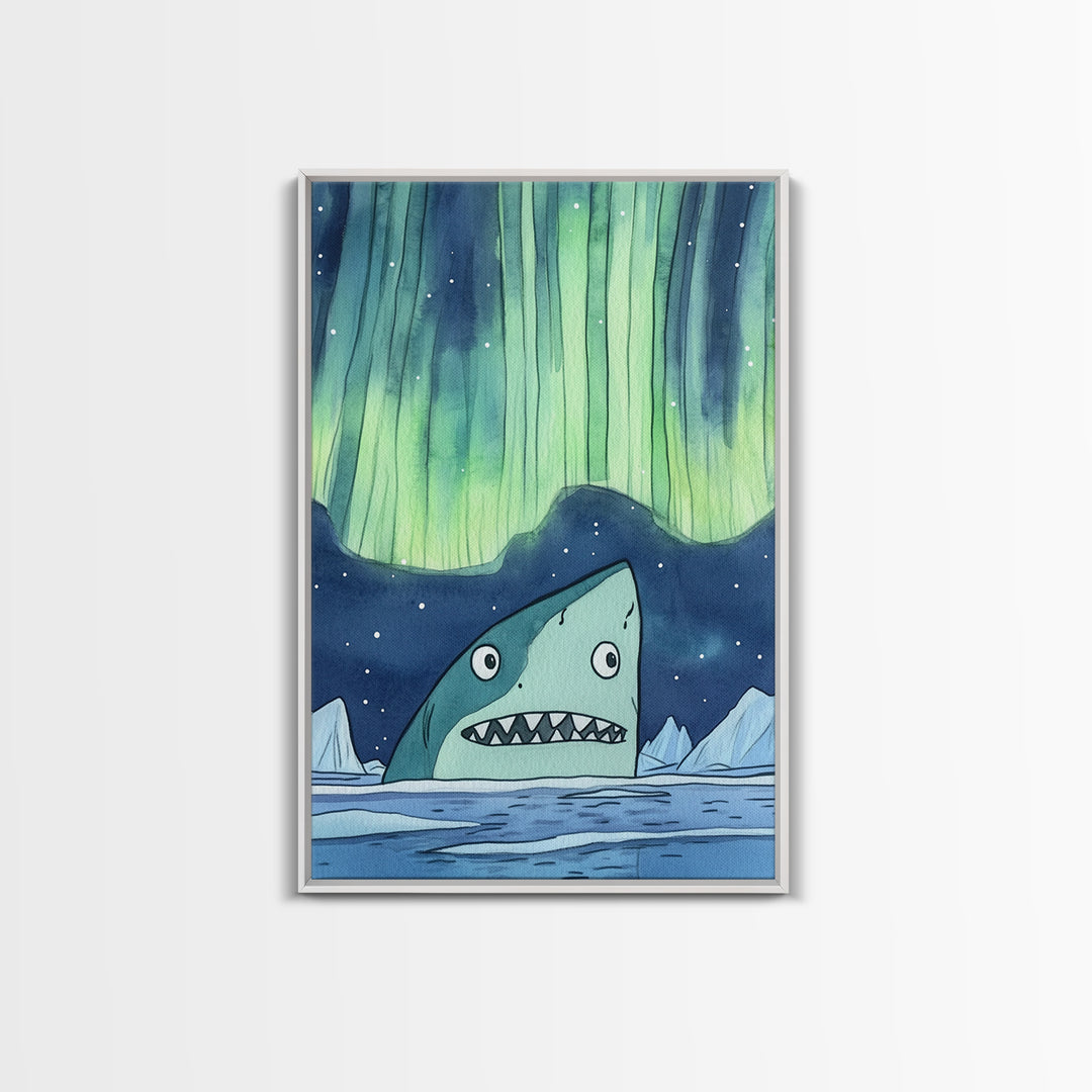 Whimsical Shark Under Northern Lights Wall Art, Arctic Ocean Print, Kids Room Decor, Nautical Nursery Art, Fun Coastal Decor
