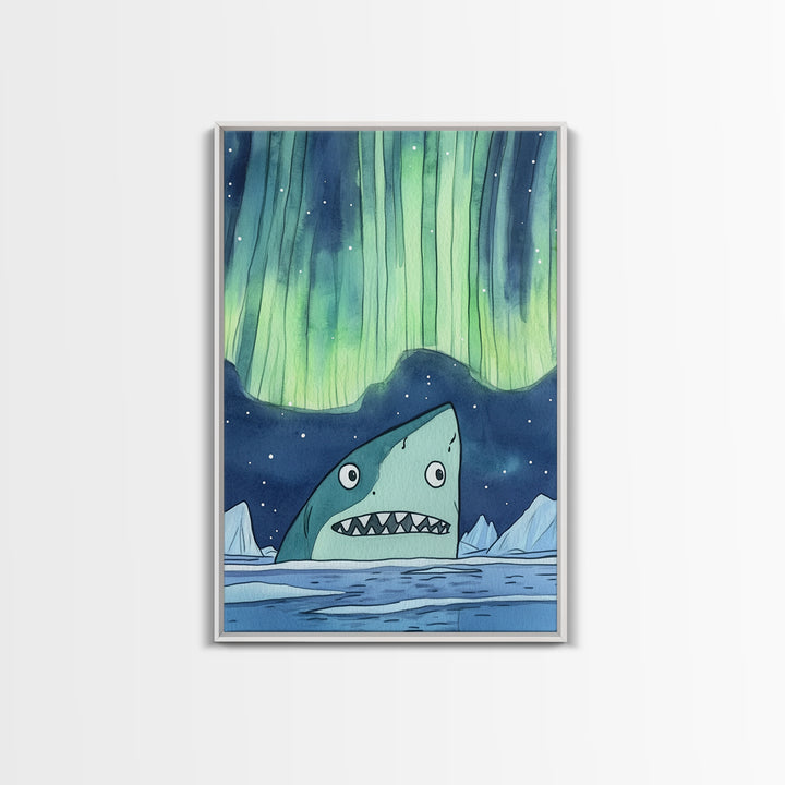 Whimsical Shark Under Northern Lights Wall Art, Arctic Ocean Print, Kids Room Decor, Nautical Nursery Art, Fun Coastal Decor