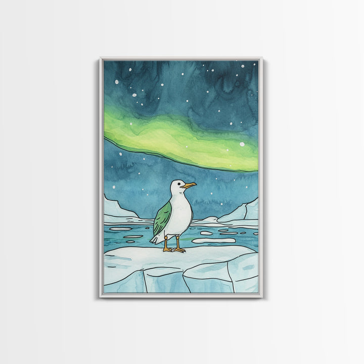 Seagull On Ice Under Aurora Wall Art, Arctic Coastal Bird Print, Ocean Nursery Decor, Nautical Bathroom Art, Beach House Decor