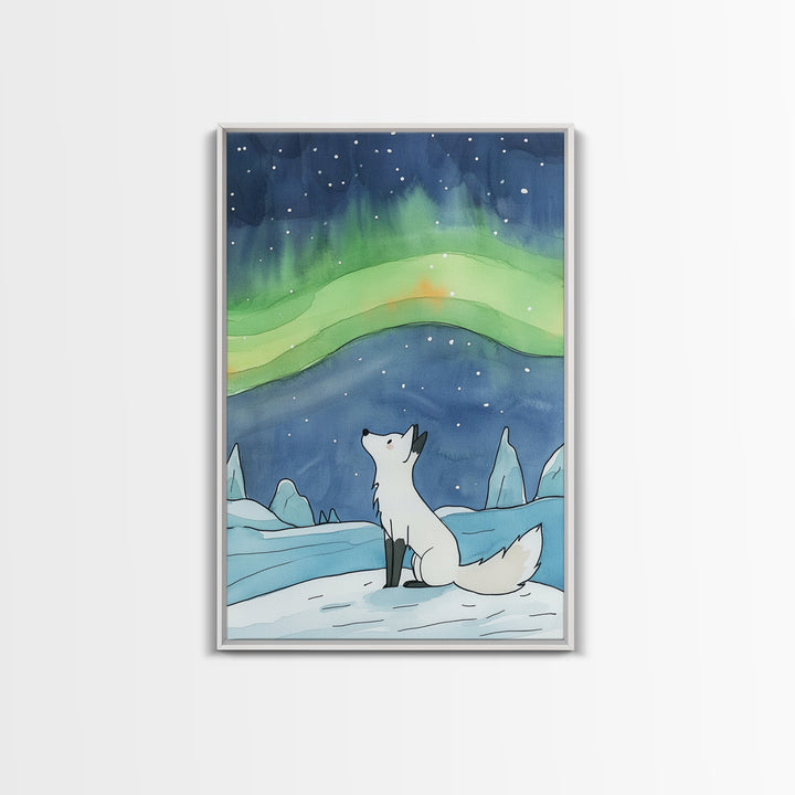 White Arctic Fox Under Aurora Wall Art, Celestial Night Sky Print, Winter Nursery Decor, Whimsical Wildlife Wall Decor, Gift For Her