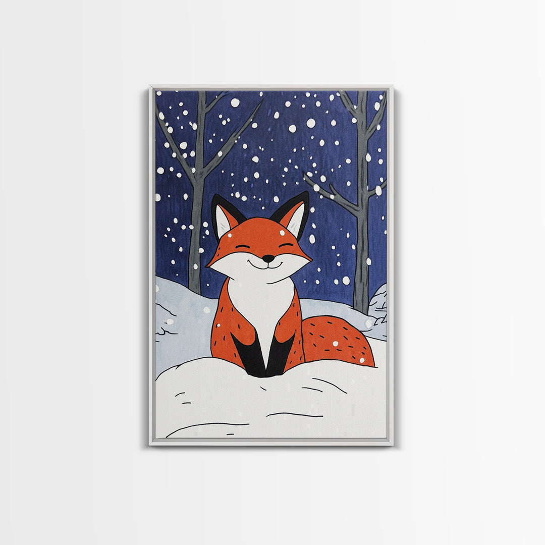 Smiling Red Fox In Falling Snow Wall Art, Cute Woodland Animal Art Print, Winter Nursery Decor, Whimsical Kids Room Decor