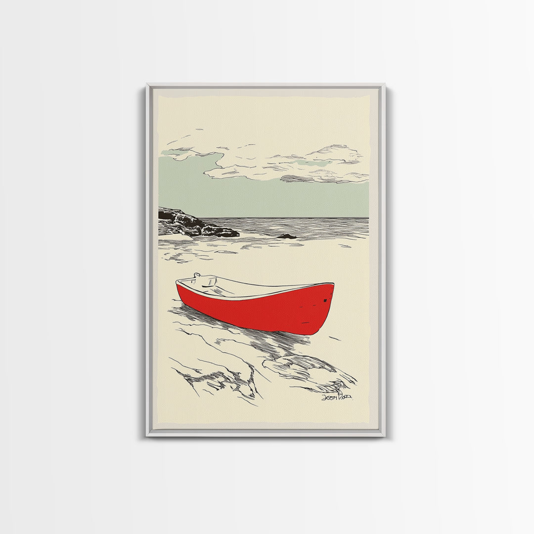 Red Rowboat On Rocky Shore Wall Art, Nautical Coastal Print, Beach House Decor, Seascape Wall Art, Lake House Gift For Him