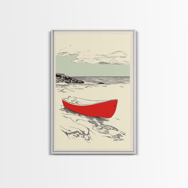 Red Rowboat On Rocky Shore Wall Art, Nautical Coastal Print, Beach House Decor, Seascape Wall Art, Lake House Gift For Him