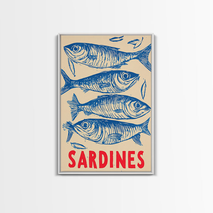 Blue Sardines Seafood Poster Canvas Print, Coastal Kitchen Wall Art, Nautical Wall Decor, Ocean Fish Art For Home Decor Gift
