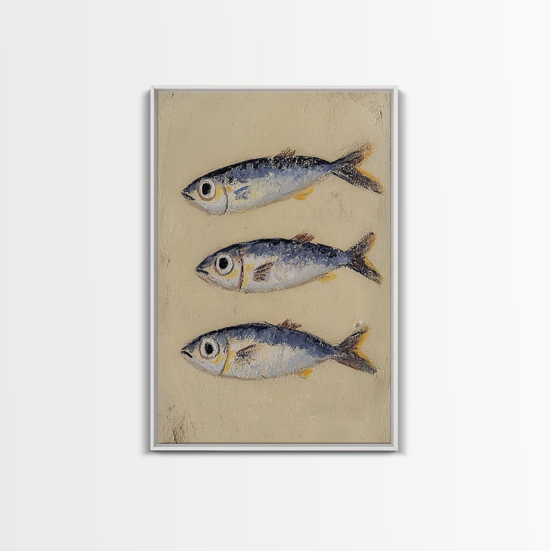 Three Silver Sardine Fish Painting Wall Art, Coastal Kitchen Decor, Nautical Sea Life Canvas, Beach House Gift Print For Home Decor