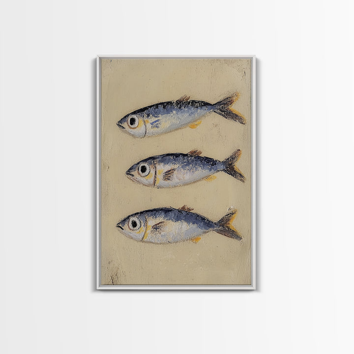 Three Silver Sardine Fish Painting Wall Art, Coastal Kitchen Decor, Nautical Sea Life Canvas, Beach House Gift Print For Home Decor
