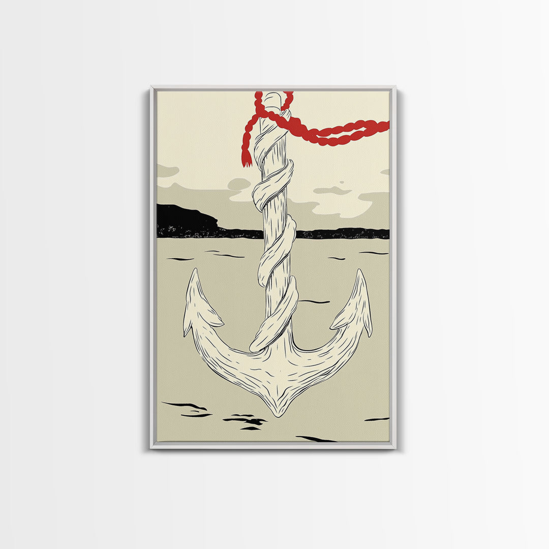 White Rope Anchor Illustration Wall Art, Nautical Coastal Decor, Beach House Canvas Print, Seaside Gift For Him, Ocean Wall Decor