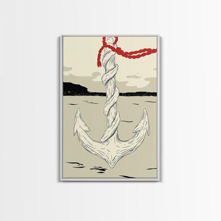 White Rope Anchor Illustration Wall Art, Nautical Coastal Decor, Beach House Canvas Print, Seaside Gift For Him, Ocean Wall Decor