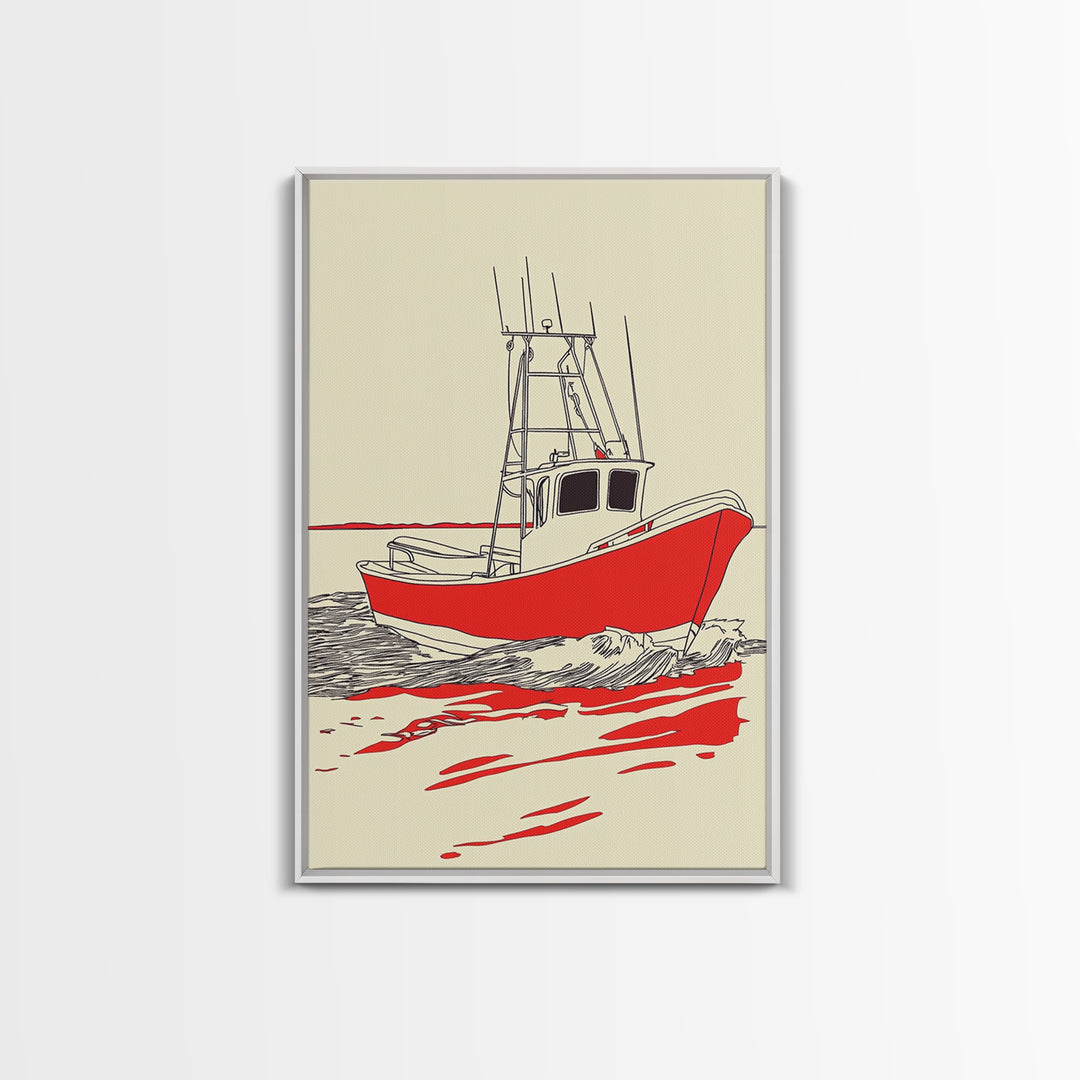 Red Fishing Boat Illustration Canvas Print, Nautical Wall Art, Coastal Beach House Decor, Maritime Gift For Him, Ocean Wall Decor