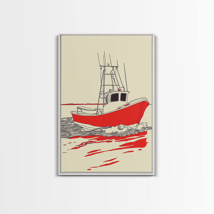 Red Fishing Boat Illustration Canvas Print, Nautical Wall Art, Coastal Beach House Decor, Maritime Gift For Him, Ocean Wall Decor