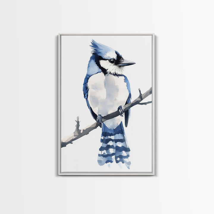 Blue Jay Bird Watercolor Wall Art, Woodland Nature Decor, Bird Lover Gift, Nursery Animal Canvas Print, Coastal Blue Art