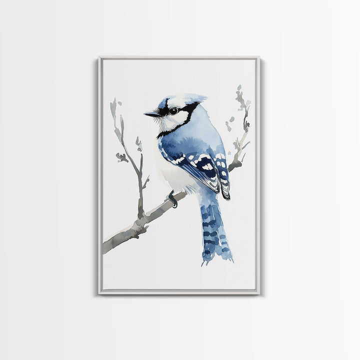 Blue Jay Perched On Branch Wall Art, Watercolor Bird Print, Woodland Nursery Decor, Nature Canvas Print, Bird Lover Gift