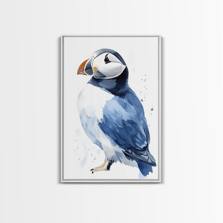 Atlantic Puffin Bird Watercolor Wall Art, Coastal Wildlife Decor, Nautical Canvas Print, Ocean Nursery Gift, Blue Seabird Art