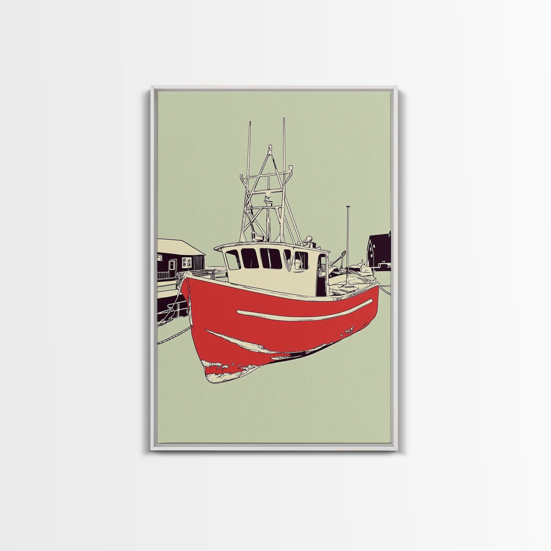 Red Fishing Boat In Harbor Wall Art, Nautical Coastal Canvas Print, Beach House Decor, Maritime Living Room Art Gift For Him