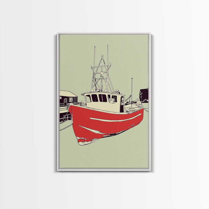 Red Fishing Boat In Harbor Wall Art, Nautical Coastal Canvas Print, Beach House Decor, Maritime Living Room Art Gift For Him
