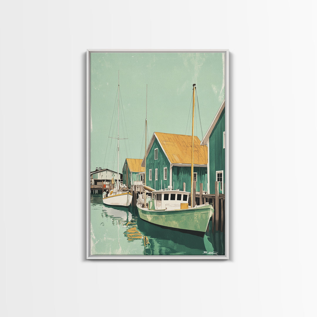 Green Fishing Boats By Dock Framed Canvas Print, Nautical Wall Art, Coastal Home Decor, Beach House Living Room Art Gift