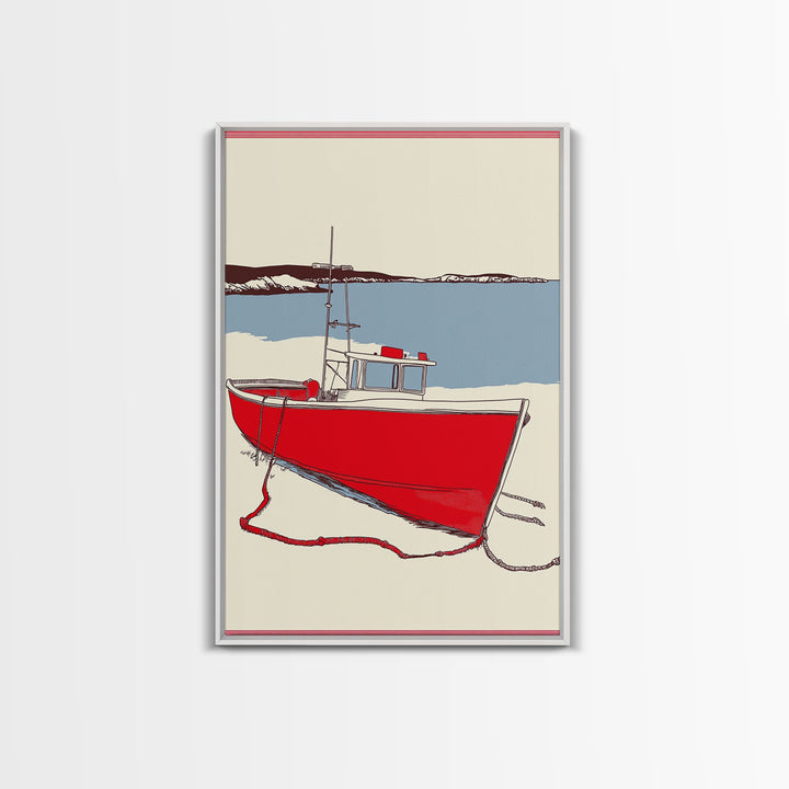 Red Lobster Boat On Blue Bay Wall Art, Nautical Coastal Canvas Print, Beach House Decor, Maritime Seascape Art Gift For Him