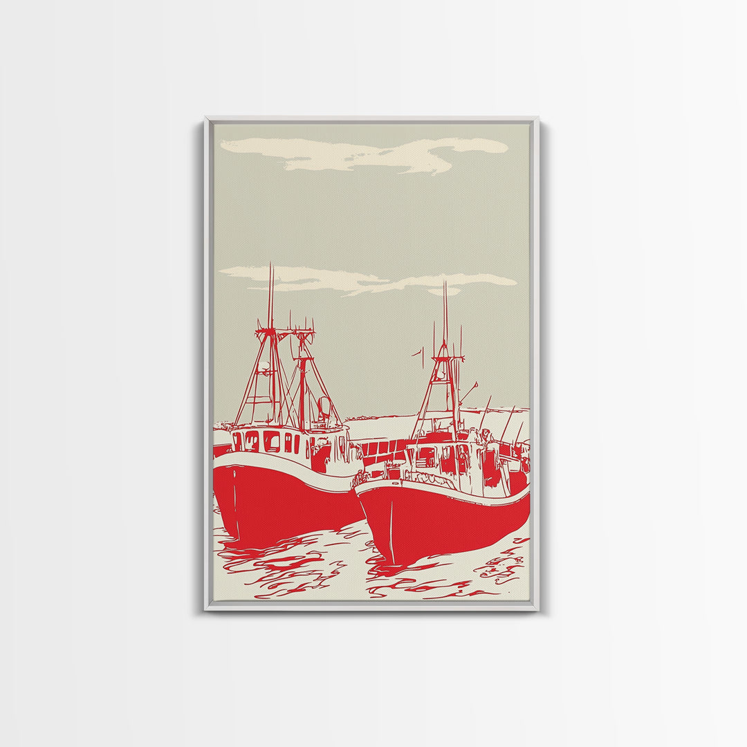 Two Red Fishing Boats At Harbor Canvas Print, Nautical Wall Art, Coastal Decor, Maritime Living Room Poster Gift For Him