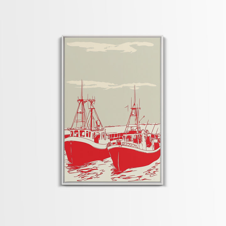 Two Red Fishing Boats At Harbor Canvas Print, Nautical Wall Art, Coastal Decor, Maritime Living Room Poster Gift For Him