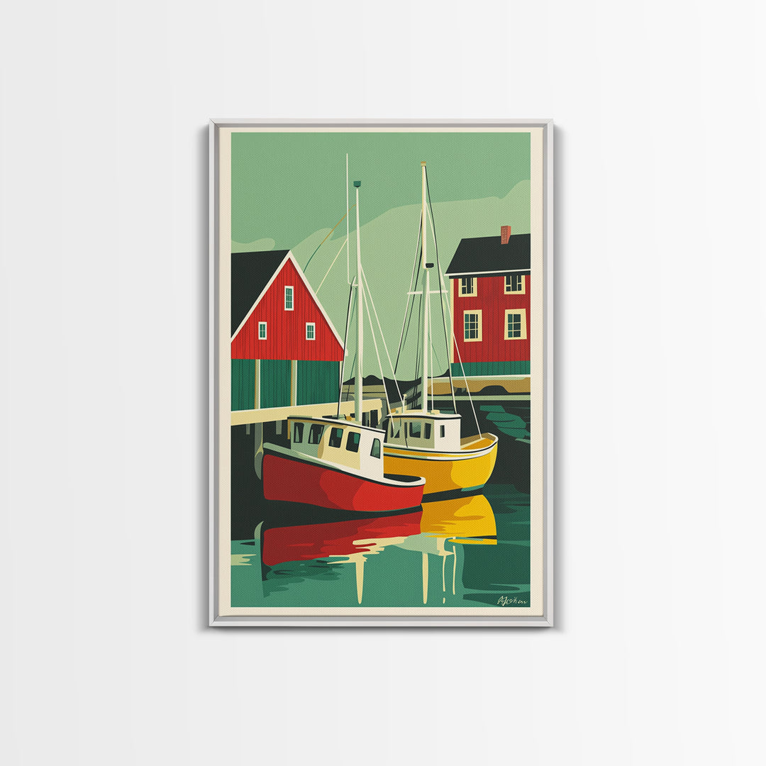 Red And Yellow Boats By Boathouse Wall Art, Nautical Coastal Canvas Print, Scandinavian Harbor Home Decor, Lake House Gift
