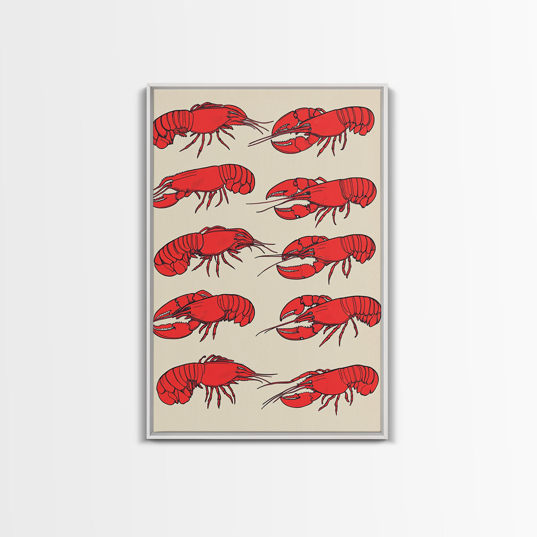 Red Lobster Pattern On Beige Wall Art, Coastal Kitchen Decor, Seafood Print, Nautical Home Decor, Beach House Dining Room Gift
