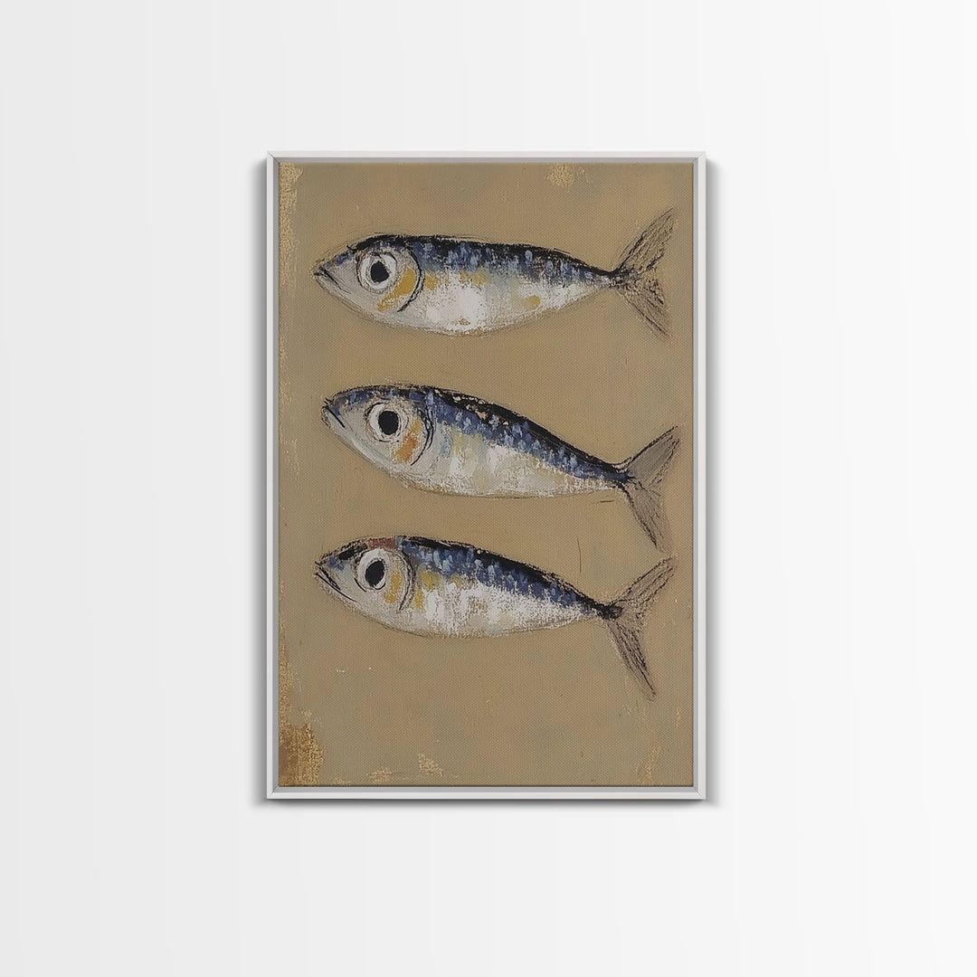 Three Blue Sardines On Beige Canvas Print, Coastal Kitchen Wall Art, Nautical Seafood Decor, Beach House Gift For Dining Room Home Decor