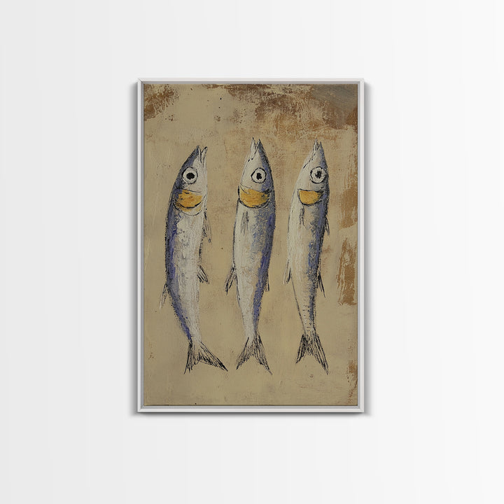 Rustic Three Sardines On Textured Beige Wall Art, Coastal Kitchen Decor, Nautical Fish Canvas Print For Beach House Dining Room