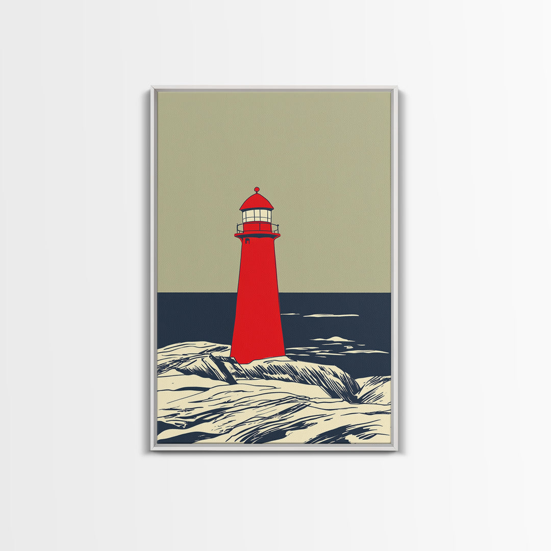 Red Lighthouse By Dark Sea Canvas Print, Nautical Wall Art, Coastal Beach House Decor, Ocean Poster For Living Room Home Decor