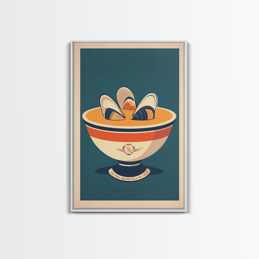 Retro Mussel Bowl Seafood Canvas Print, Coastal Kitchen Wall Art, Nautical Dining Room Decor, Shellfish Art Print Gift For Foodie