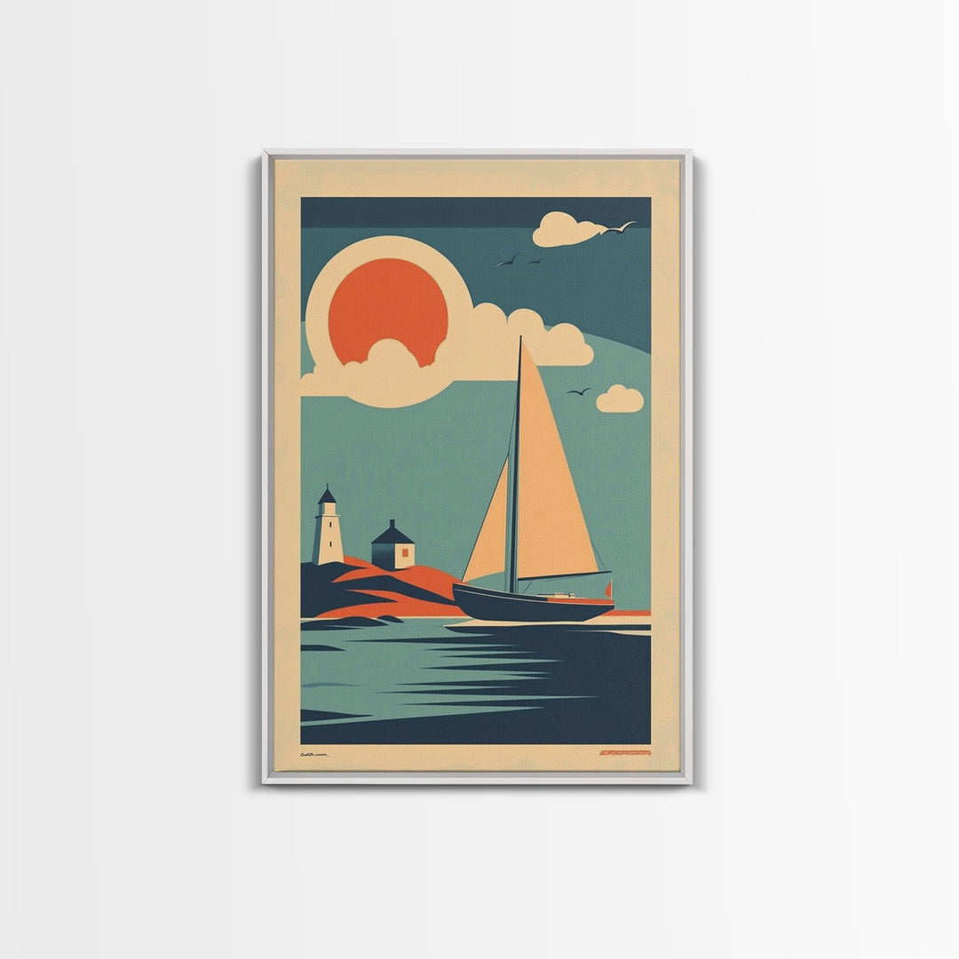 Art Deco Sailboat Lighthouse Sunset Wall Art, Coastal Travel Poster, Nautical Canvas Print, Beach House Decor Gift For Her